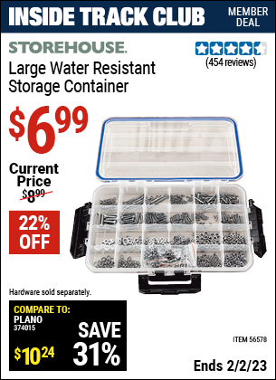 Inside Track Club members can buy the STOREHOUSE Large Organizer IP55 Rated (Item 56578) for $6.99, valid through 2/2/2023.