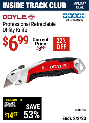 Inside Track Club members can buy the DOYLE Professional Retractable Utility Knife (Item 57107) for $6.99, valid through 2/2/2023.