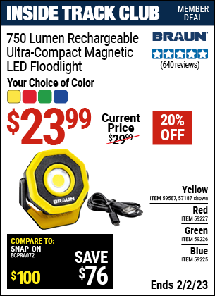 Inside Track Club members can buy the BRAUN Ultra-Compact 750 Lumen Rechargeable Magnetic Floodlight (Item 57187/59225/59226/59227/59587) for $23.99, valid through 2/2/2023.