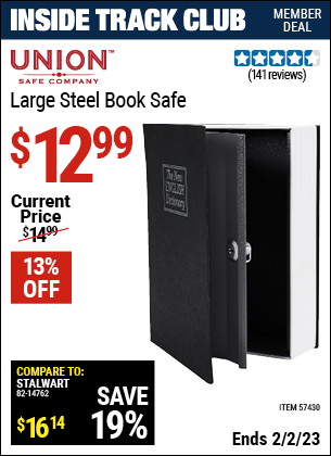 Inside Track Club members can buy the UNION SAFE COMPANY Large Steel Book Safe (Item 57430) for $12.99, valid through 2/2/2023.