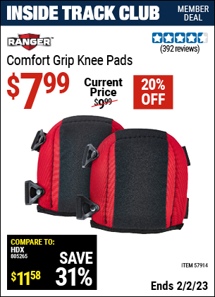 Inside Track Club members can buy the RANGER Comfort Grip Knee Pads (Item 57914) for $7.99, valid through 2/2/2023.