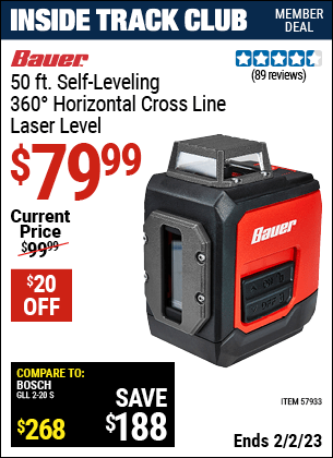 Inside Track Club members can buy the BAUER 50 ft. Self-Leveling 360 Horizontal Cross Line Laser Level (Item 57933) for $79.99, valid through 2/2/2023.