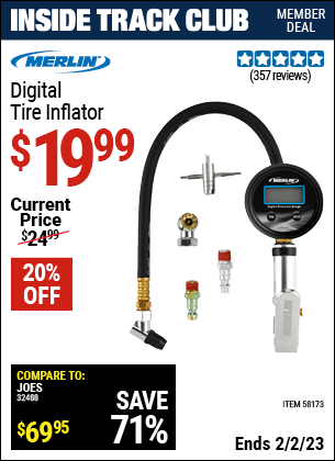 Inside Track Club members can buy the MERLIN Digital Tire Inflator (Item 58173) for $19.99, valid through 2/2/2023.