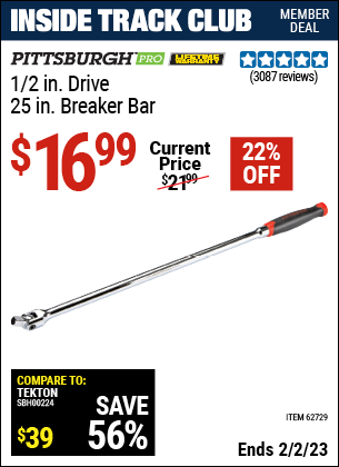 PITTSBURGH 1/2 In. Drive 25 In. Professional Breaker Bar For $16.99 ...