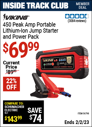 Inside Track Club members can buy the VIKING Lithium Ion Jump Starter and Power Pack (Item 62749) for $69.99, valid through 2/2/2023.