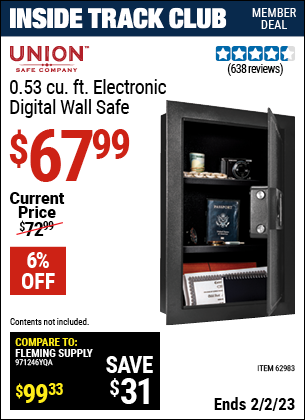 Inside Track Club members can buy the UNION SAFE COMPANY 0.53 cu. ft. Electronic Wall Safe (Item 62983) for $67.99, valid through 2/2/2023.