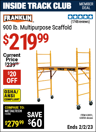 Inside Track Club members can buy the FRANKLIN Heavy Duty Portable Scaffold (Item 63050/63051) for $219.99, valid through 2/2/2023.
