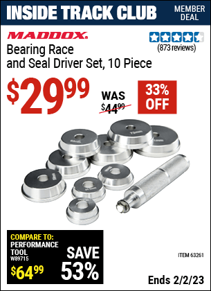 Inside Track Club members can buy the MADDOX Bearing Race and Seal Driver Set 10 Pc. (Item 63261) for $29.99, valid through 2/2/2023.