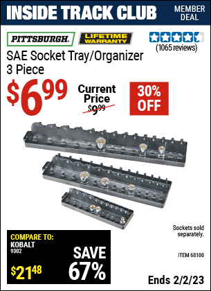 Inside Track Club members can buy the PITTSBURGH SAE Socket Tray/Organizer 3 Pc. (Item 68100/68102) for $6.99, valid through 2/2/2023.