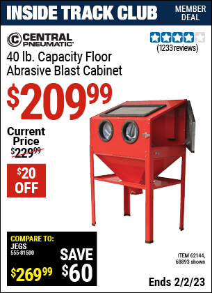 Inside Track Club members can buy the CENTRAL PNEUMATIC 40 Lb. Capacity Floor Blast Cabinet (Item 68893/62144) for $209.99, valid through 2/2/2023.