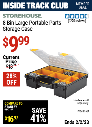Inside Track Club members can buy the STOREHOUSE 8 Bin Large Portable Parts Storage Case (Item 93927) for $9.99, valid through 2/2/2023.