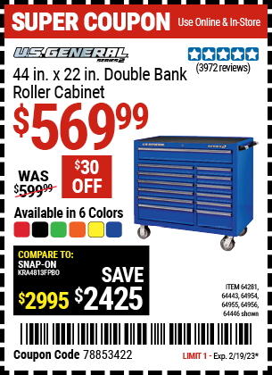 Buy the U.S. GENERAL SERIES 2 44 In. X 22 In. Double Bank Roller Cabinet (Item 64133/64133/64134/64443/64446/64954/64955/64956) for $569.99, valid through 2/19/2023.