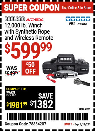 Buy the BADLAND APEX Synthetic 12000 Lb. Wireless Winch (Item 56385) for $599.99, valid through 2/19/2023.