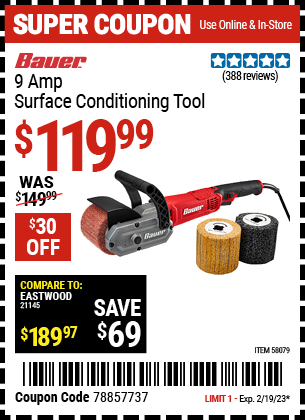 Buy the BAUER 9 Amp Surface Conditioning Tool (Item 58079) for $119.99, valid through 2/19/2023.