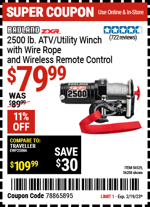 Buy the BADLAND 2500 Lb. ATV/Utility Electric Winch With Wireless Remote Control (Item 56258/56529) for $79.99, valid through 2/19/2023.