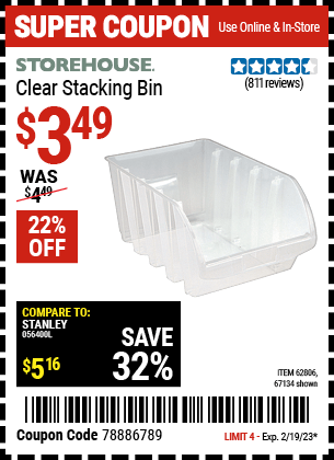 Buy the STOREHOUSE Clear Stacking Bin (Item 67134/62806) for $3.49, valid through 2/19/2023.