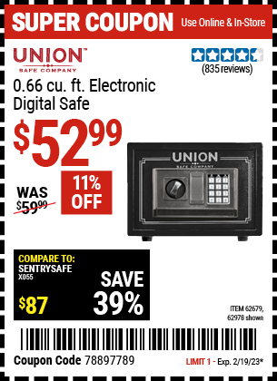 Buy the UNION SAFE COMPANY 0.71 cu. ft. Electronic Digital Safe (Item 62978/62679) for $52.99, valid through 2/19/2023.