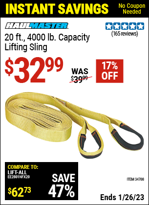 Buy the HAUL-MASTER 20 ft. 4000 Lbs. Capacity Lifting Sling (Item 34708) for $32.99, valid through 1/26/2023.