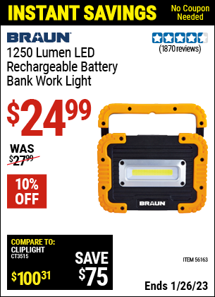 Buy the BRAUN 1250 Lumen Work Light Battery Bank (Item 56163) for $24.99, valid through 1/26/2023.