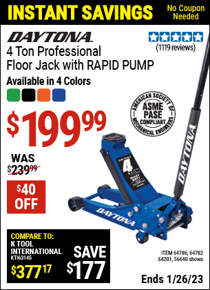 Buy the DAYTONA 4 Ton Professional Rapid Pump Floor Jack (Item 56640/64201/64782/56263/64786) for $199.99, valid through 1/26/2023.