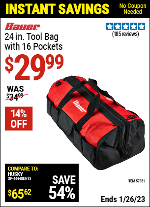 Buy the BAUER 24 in. Tool Bag with 16 Pockets (Item 57351) for $29.99, valid through 1/26/2023.