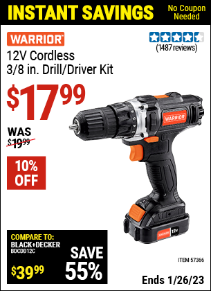 Buy the WARRIOR 12v Lithium-Ion 3/8 In. Cordless Drill/Driver (Item 57366) for $17.99, valid through 1/26/2023.
