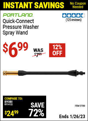 Buy the PORTLAND Quick Connect Spray Wand (Item 57580) for $6.99, valid through 1/26/2023.