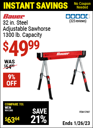 Buy the BAUER 1300 lb. Capacity Steel Sawhorse (Item 57807) for $49.99, valid through 1/26/2023.