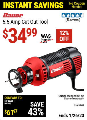 Buy the BAUER 5.5 Amp Cut-out Tool (Item 58208) for $34.99, valid through 1/26/2023.