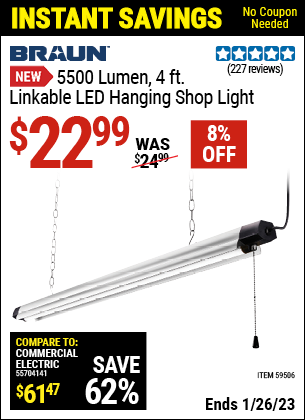 Buy the BRAUN 5500 Lumen 4 ft. Linkable LED Hanging Shop Light (Item 59506) for $22.99, valid through 1/26/2023.