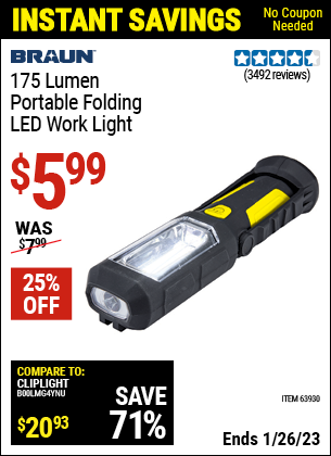 Buy the BRAUN Portable Folding LED Work Light (Item 63930) for $5.99, valid through 1/26/2023.