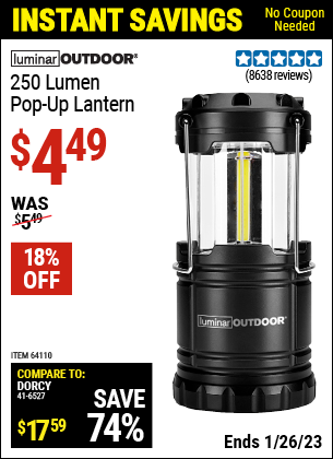 Buy the LUMINAR OUTDOOR 250 Lumen Compact Pop-Up Lantern (Item 64110) for $4.49, valid through 1/26/2023.