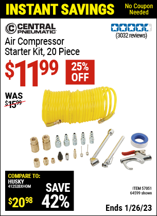 Buy the CENTRAL PNEUMATIC Air Compressor Starter Kit 20 Pc. (Item 64599/57051) for $11.99, valid through 1/26/2023.