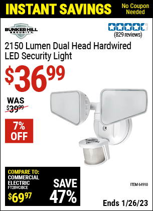 Buy the BUNKER HILL SECURITY LED Security Light (Item 64910) for $36.99, valid through 1/26/2023.