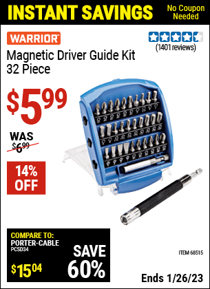 Buy the WARRIOR Magnetic Driver Guide Kit 32 Pc. (Item 68515) for $5.99, valid through 1/26/2023.