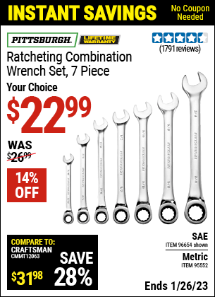 Buy the PITTSBURGH Metric Combination Ratcheting Wrench Set 7 Pc. (Item 95552/96654) for $22.99, valid through 1/26/2023.