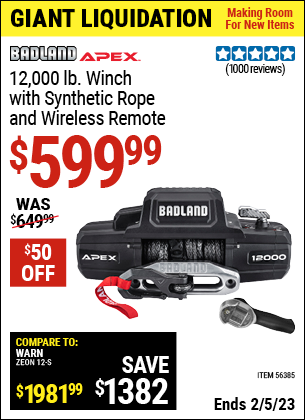 Buy the BADLAND APEX Synthetic 12000 Lb. Wireless Winch (Item 56385) for $599.99, valid through 2/5/2023.