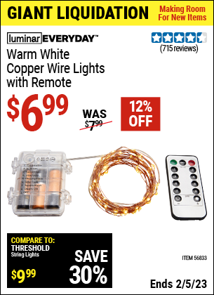 Buy the LUMINAR EVERYDAY Warm White Copper Wire Lights With Remote (Item 56833) for $6.99, valid through 2/5/2023.