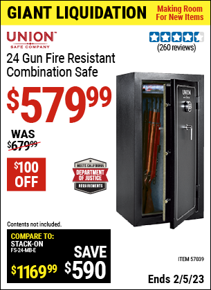 Buy the UNION SAFE COMPANY 24 Gun Fire Resistant Combination Safe (Item 57039) for $579.99, valid through 2/5/2023.