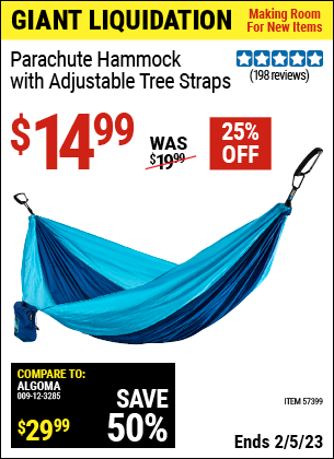 Buy the Parachute Hammock With Adjustable Tree Straps (Item 57399) for $14.99, valid through 2/5/2023.