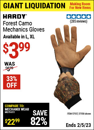 Buy the HARDY Forest Camo Mechanics Gloves, Large (Item 57557/57558) for $3.99, valid through 2/5/2023.