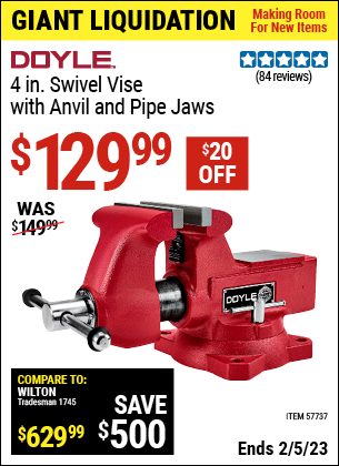 Buy the DOYLE 4 in. Swivel Vise with Anvil and Pipe Jaws (Item 57737) for $129.99, valid through 2/5/2023.