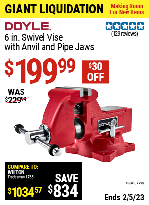 Buy the DOYLE 6 in. Swivel Vise with Anvil and Pipe Jaws (Item 57738) for $199.99, valid through 2/5/2023.