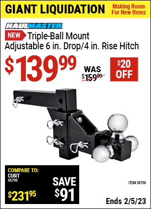 Buy the HAUL-MASTER Triple-Ball Mount Adjustable 6 in. Drop/ 4 in. Rise Hitch (Item 58790) for $139.99, valid through 2/5/2023.