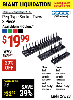 Buy the U.S. GENERAL Peg-Type Metric Socket Tray (Item 58937/58938/58939/58940/70018/70019) for $19.99, valid through 2/5/2023.