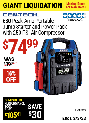 Buy the CEN-TECH 630 Peak Amp Portable Jump Starter and Power Pack with 250 PSI Air Compressor (Item 58978) for $74.99, valid through 2/5/2023.