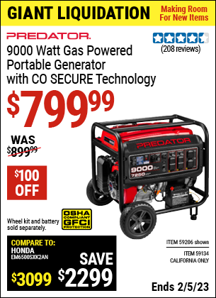 Buy the PREDATOR 9000 Watt Gas Powered Portable Generator with CO SECURE Technology (Item 59206/59134) for $799.99, valid through 2/5/2023.