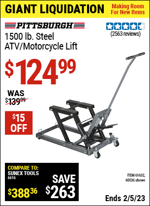 Buy the PITTSBURGH AUTOMOTIVE 1500 lb. Capacity ATV/Motorcycle Lift (Item 60536/61632) for $124.99, valid through 2/5/2023.