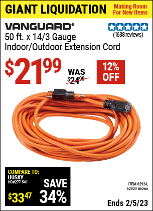Buy the VANGUARD 50 ft. x 14 Gauge Indoor/Outdoor Extension Cord (Item 62923/62924) for $21.99, valid through 2/5/2023.