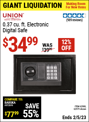 Buy the UNION SAFE COMPANY 0.37 Cubic Ft. Electronic Digital Safe (Item 62979/62980) for $34.99, valid through 2/5/2023.